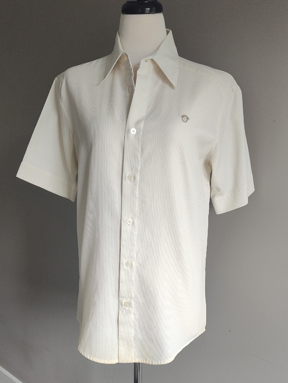 Versace Vintage Men's Cream Short Sleeve Button Up Dress Shirt